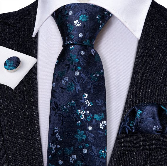 White and Green Floral Silk Tie Set