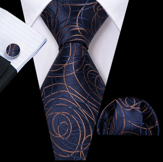 Brown Lines In Blue Silk Tie Set