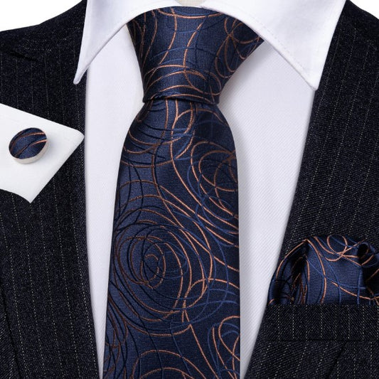 Brown Lines In Blue Silk Tie Set