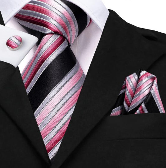 Black and Pink Stripes In Silver Tie Set