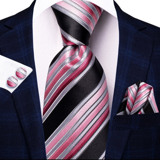 Black and Pink Stripes In Silver Tie Set