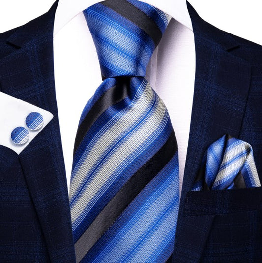 Blue, White and Black Stripes Tie Set