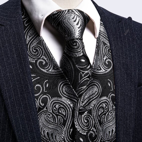 Black and White Leaves Vest and Tie