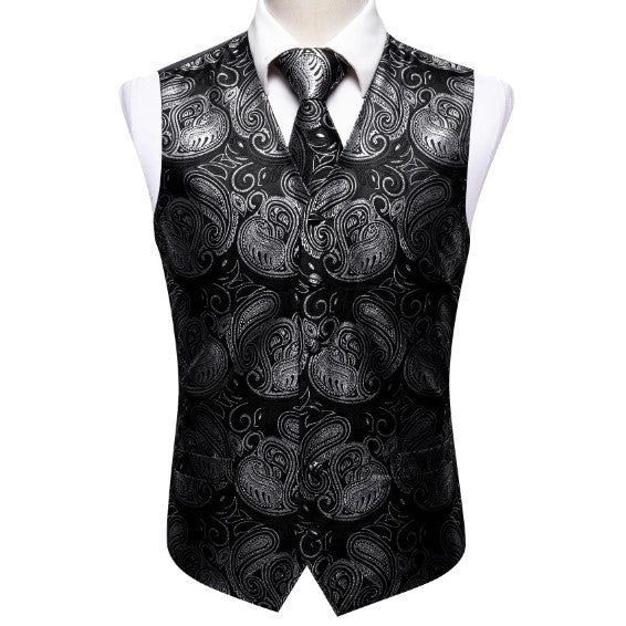 Black and White Leaves Vest and Tie