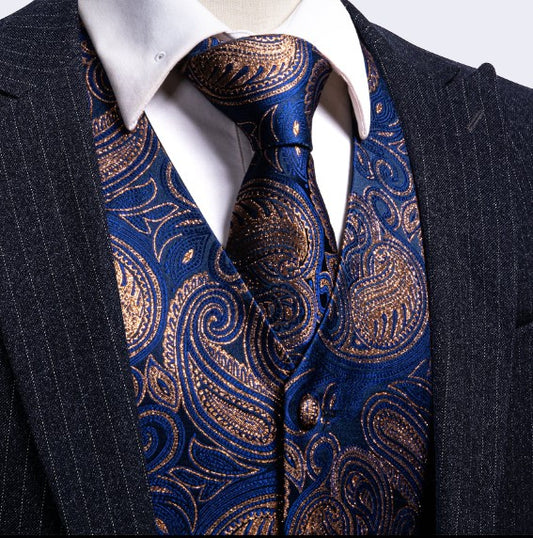 Gold Heart Leaves In Blue Vest and Tie