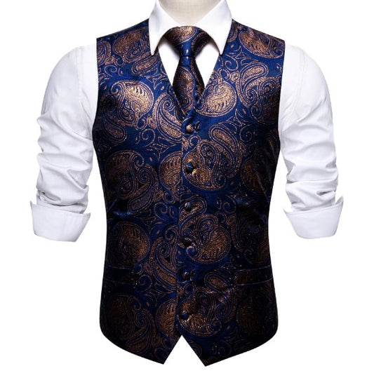 Gold Heart Leaves In Blue Vest and Tie