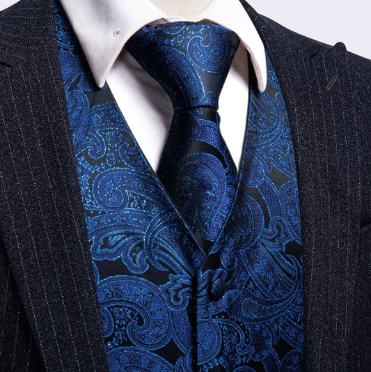 Blue Floral In Black Vest and Tie