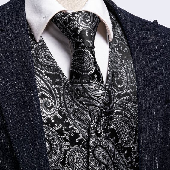 Silver Leaves In Black Vest and Tie