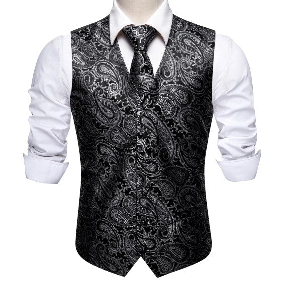 Silver Leaves In Black Vest and Tie