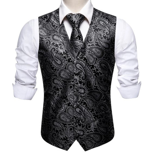 Silver Leaves In Black Vest and Tie