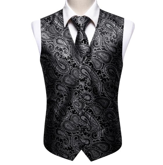 Silver Leaves In Black Vest and Tie