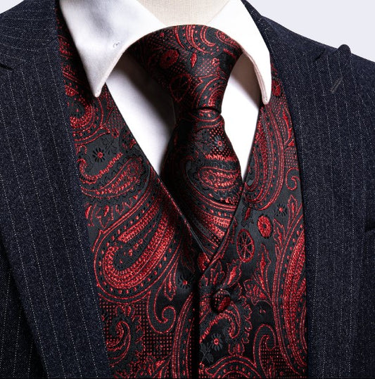 Burgundy Floral In Black Vest and Tie