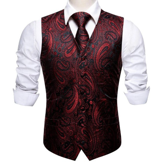 Burgundy Floral In Black Vest and Tie