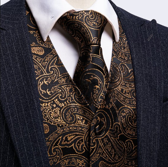 Gold Floral In Black Vest and Tie