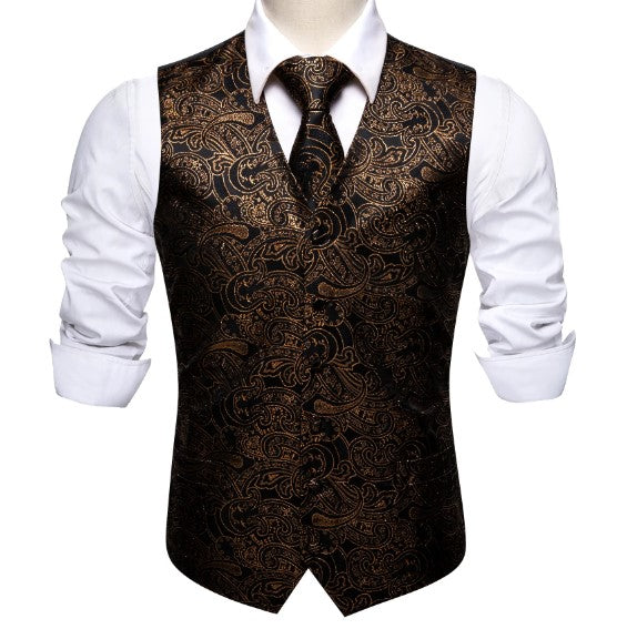 Gold Floral In Black Vest and Tie