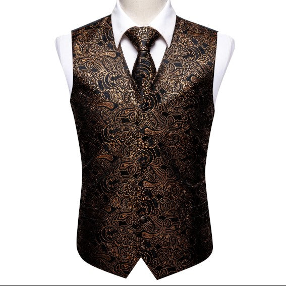 Gold Floral In Black Vest and Tie