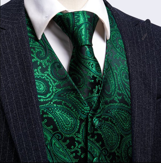 Green Floral Silk Vest and Tie