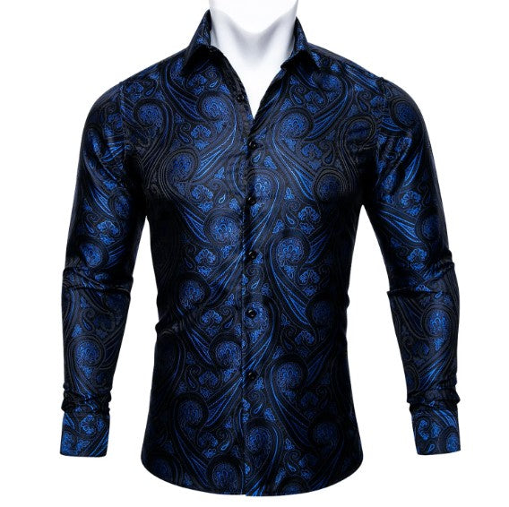 Blue Floral In Black Silk Shirt