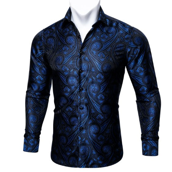 Blue Floral In Black Silk Shirt