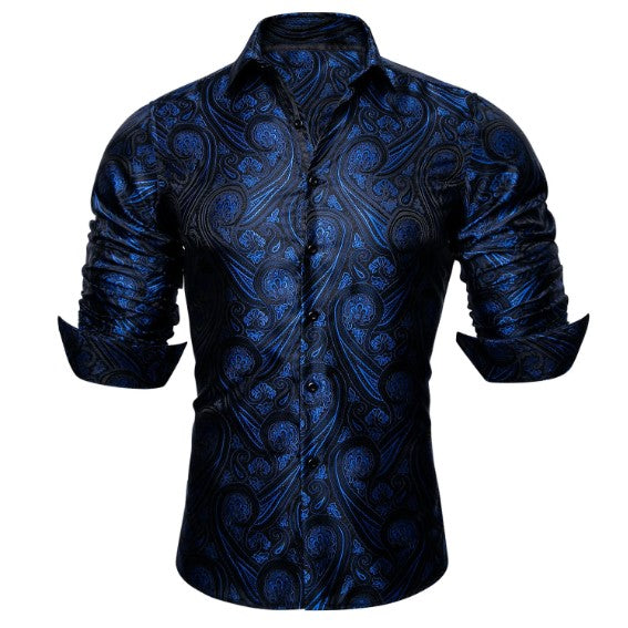 Blue Floral In Black Silk Shirt