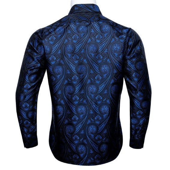 Blue Floral In Black Silk Shirt