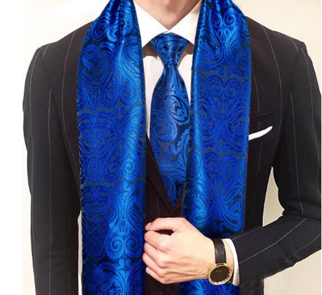 Royal Blue Floral Paisley Silk Scarf and Tie