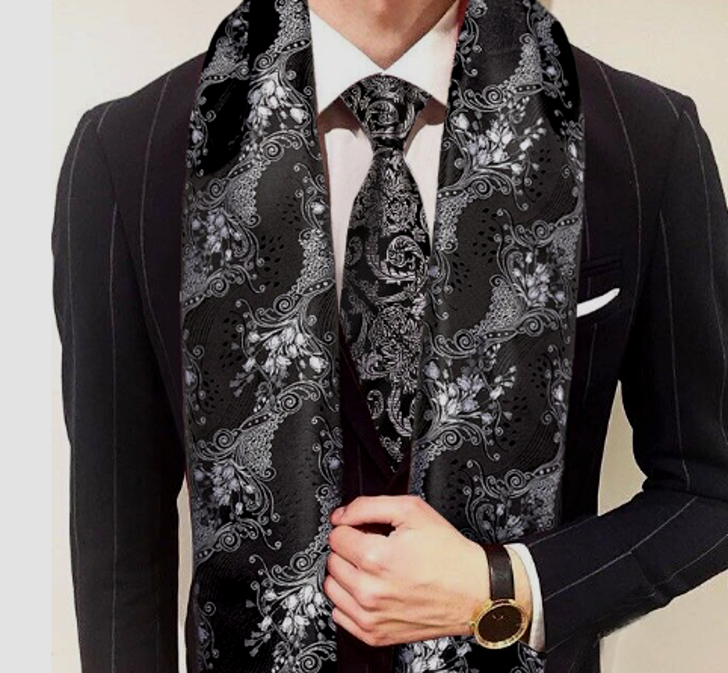 White Floral In Black Paisley Silk Scarf and Tie