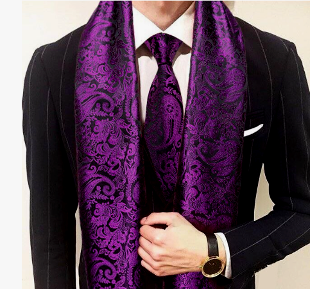 Purple Floral In Black Paisley Silk Scarf and Tie