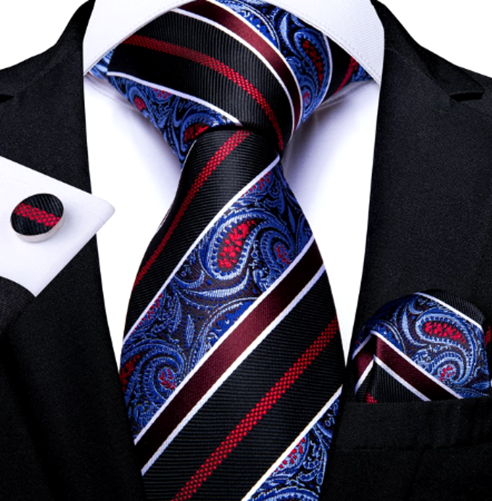 Luxury Red Striped with Floral Silk Tie Set