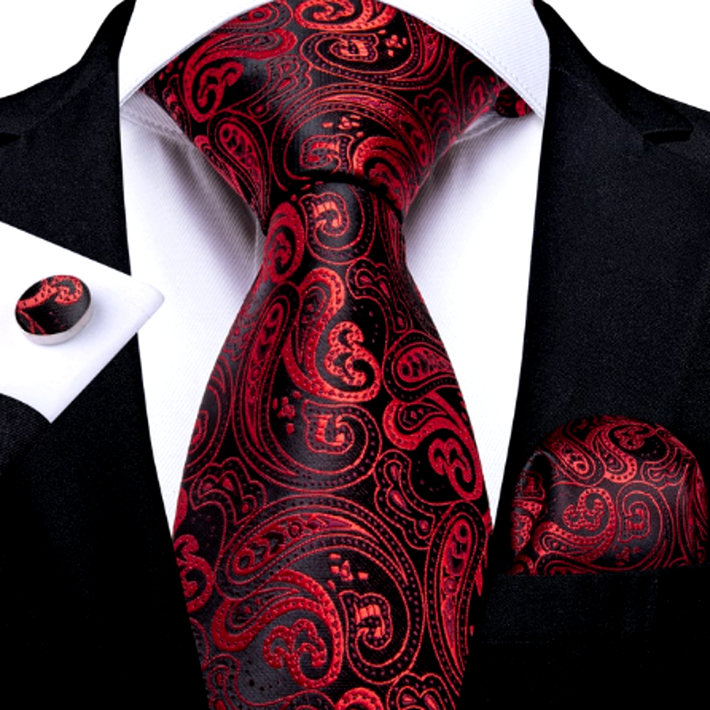 Red and Black Floral Silk XL Tie Set