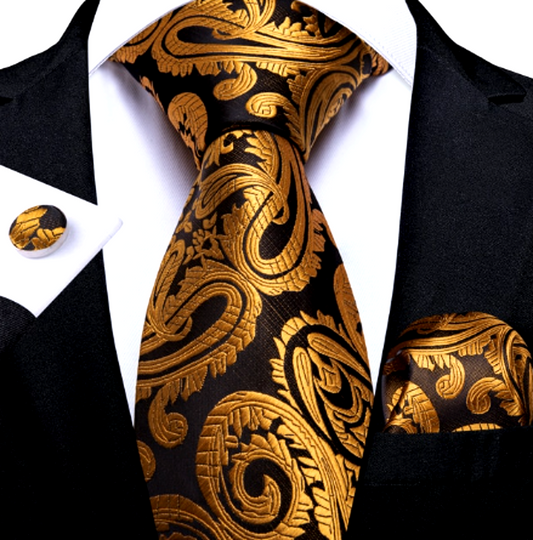 Gold Leaves In Brown Silk Tie Set