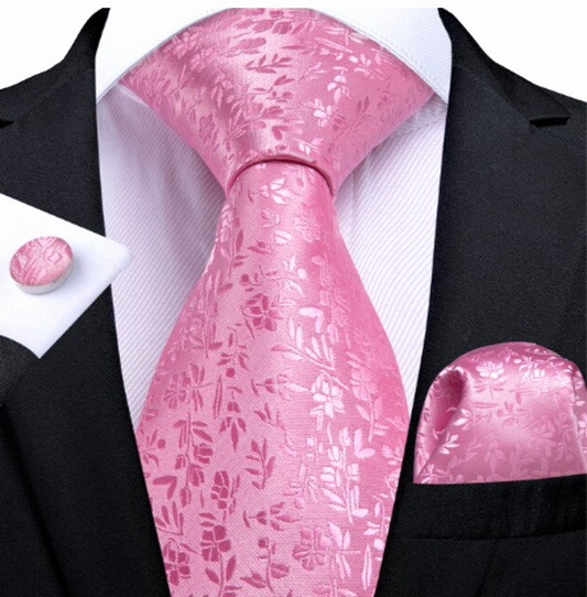 Pink Tiny Leaves Silk Tie Set