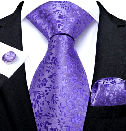 Lavender Tiny Leaves Silk Tie Set