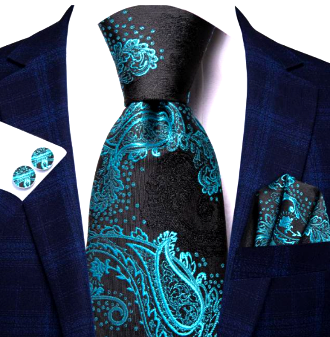 Sparkling Blue Leaves In Black Tie Set