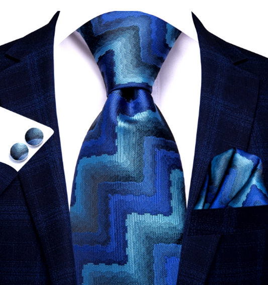 Zigzag Blue Colours Silk Tie Set