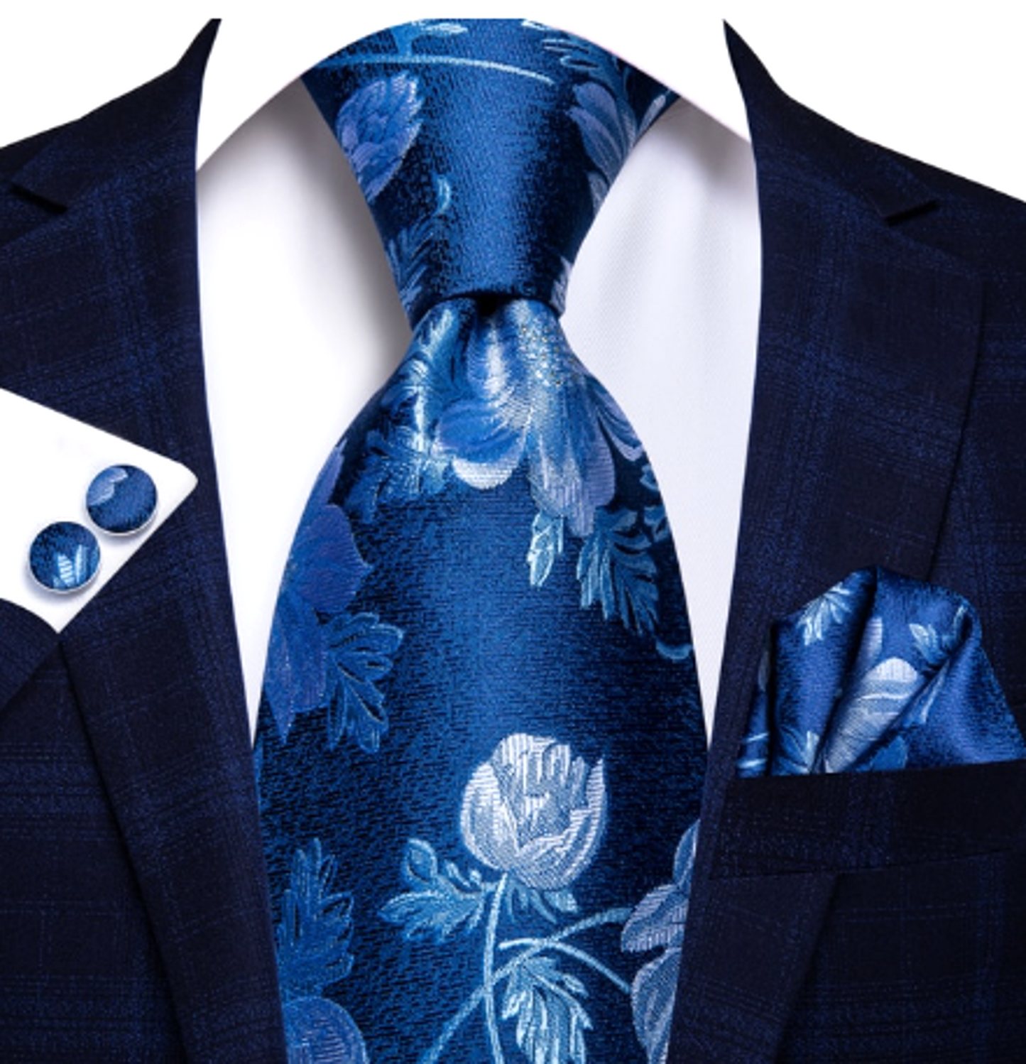 White Rose In Midnight Blue Silk Tie Set