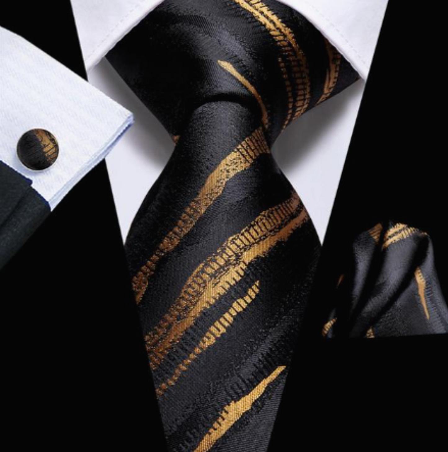 Gold Lines In Black Silk Tie Set