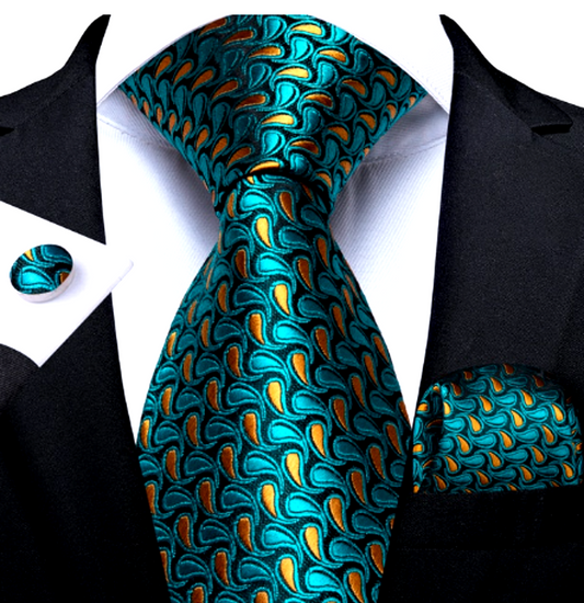 Blue Green Oranges Leaves Silk Tie Set