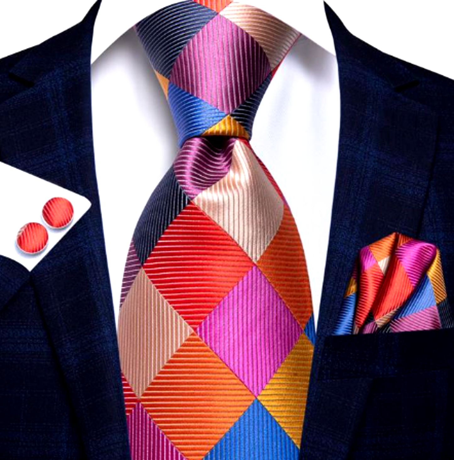 Colorful Silk Tie Pocket Square and Cufflinks