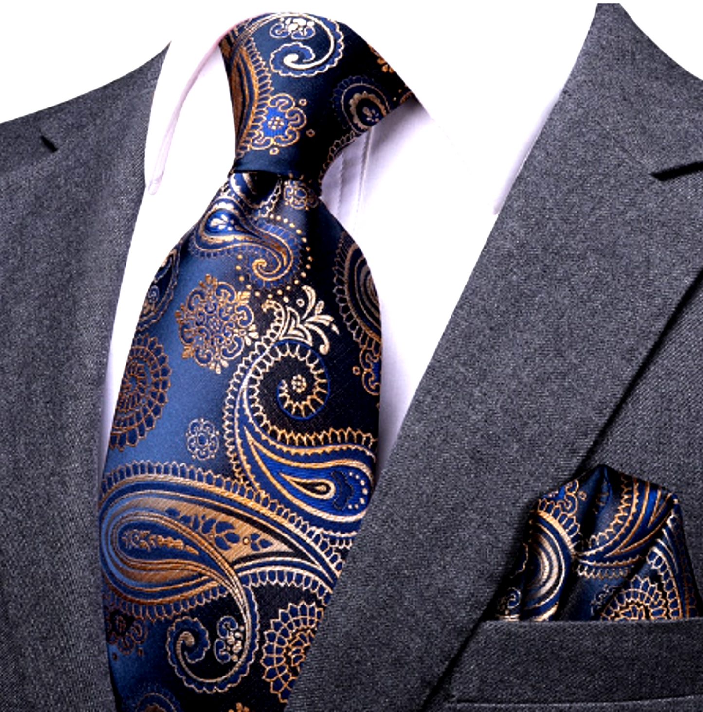 Premium Gold Leaves In Blue Silk XL Tie Set