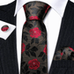 Luxury Red Roses In Brown Silk Tie Set - Masculine Clothes
