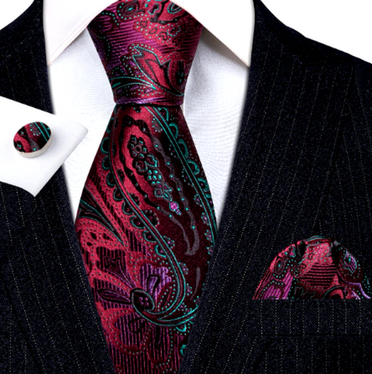 Sparkling Green Leaves In Red Silk Tie Set