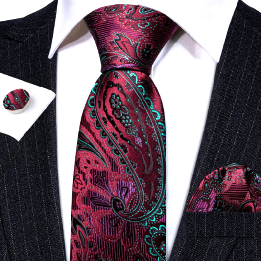 Sparkling Green Leaves In Red Silk Tie Set