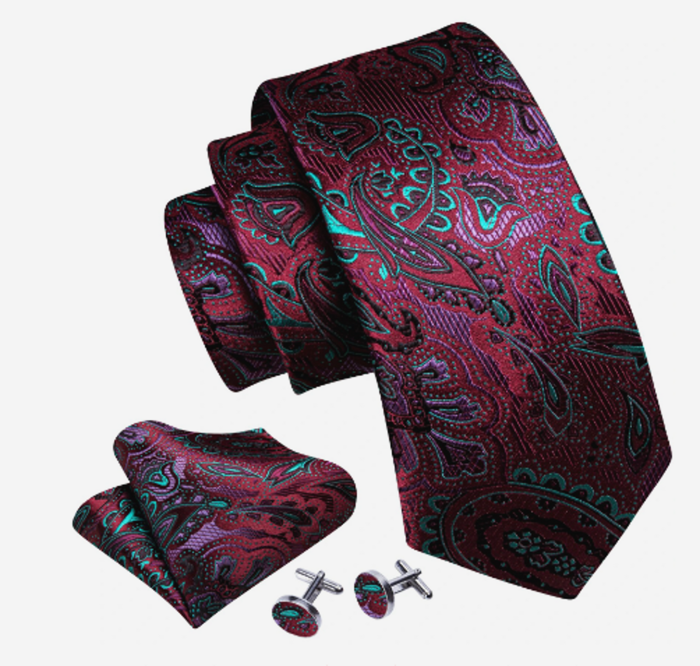 Sparkling Green Leaves In Red Silk Tie Set