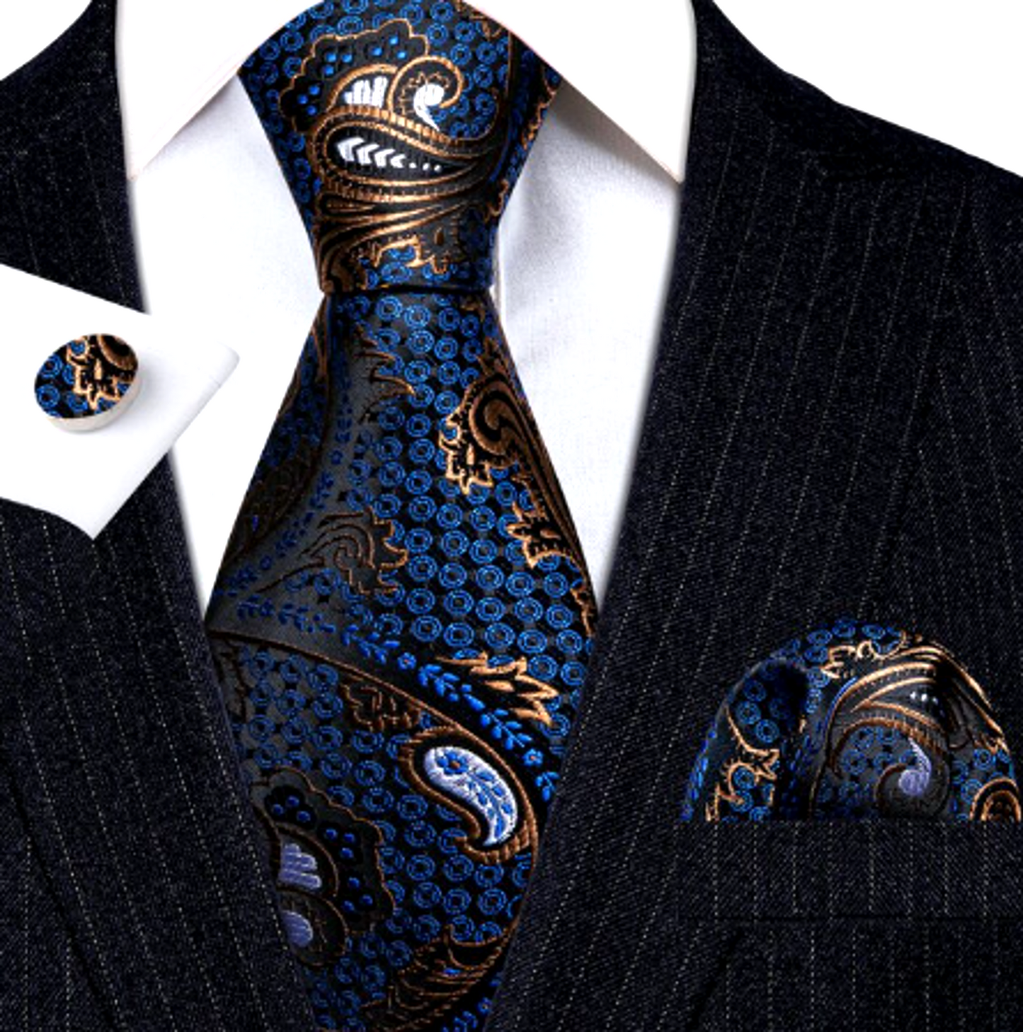 Luxury White Leaves In Blue Silk Tie Set