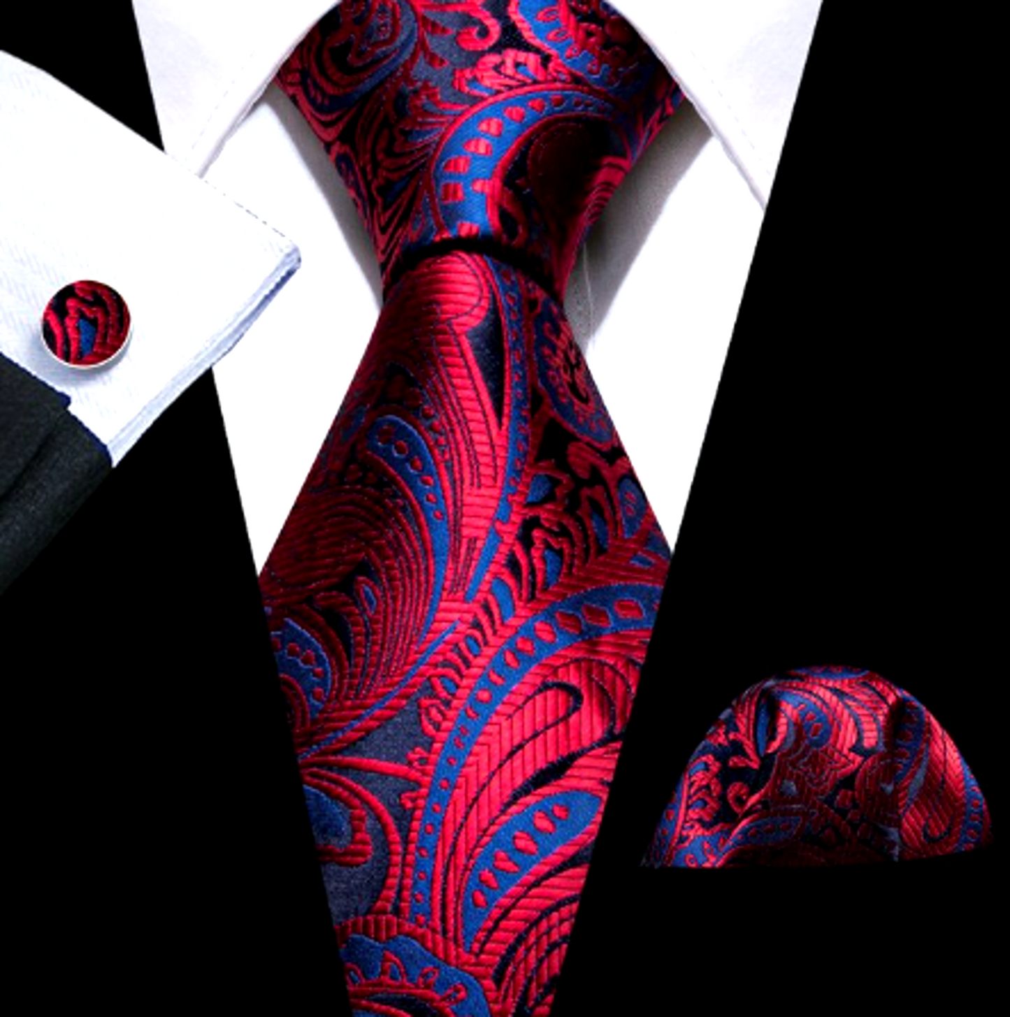 Shimmering Red Floral and Blue Leaves Silk Tie Set