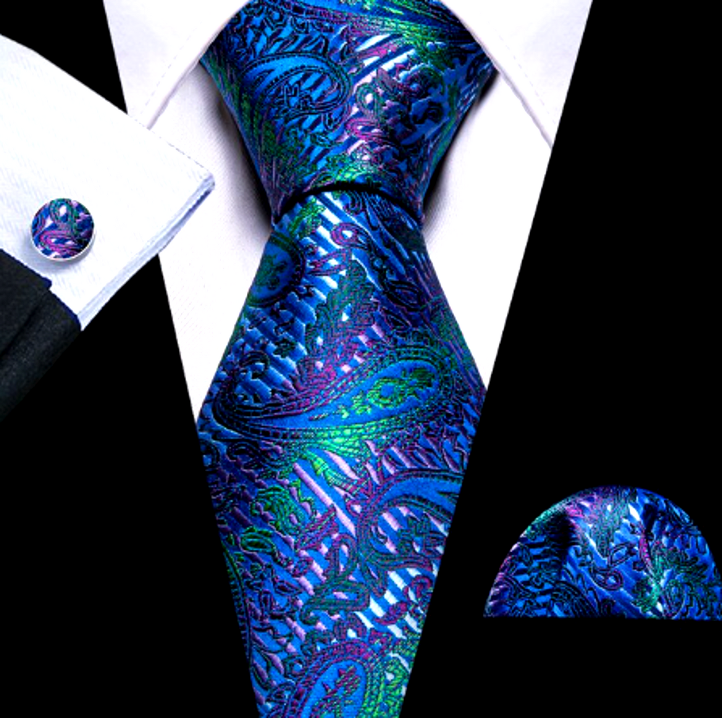 Luxury Blue and Green Leaves Silk Tie Set