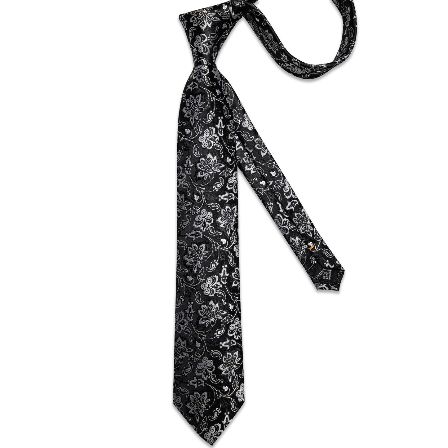 White Flowers In Black Silk Tie Set