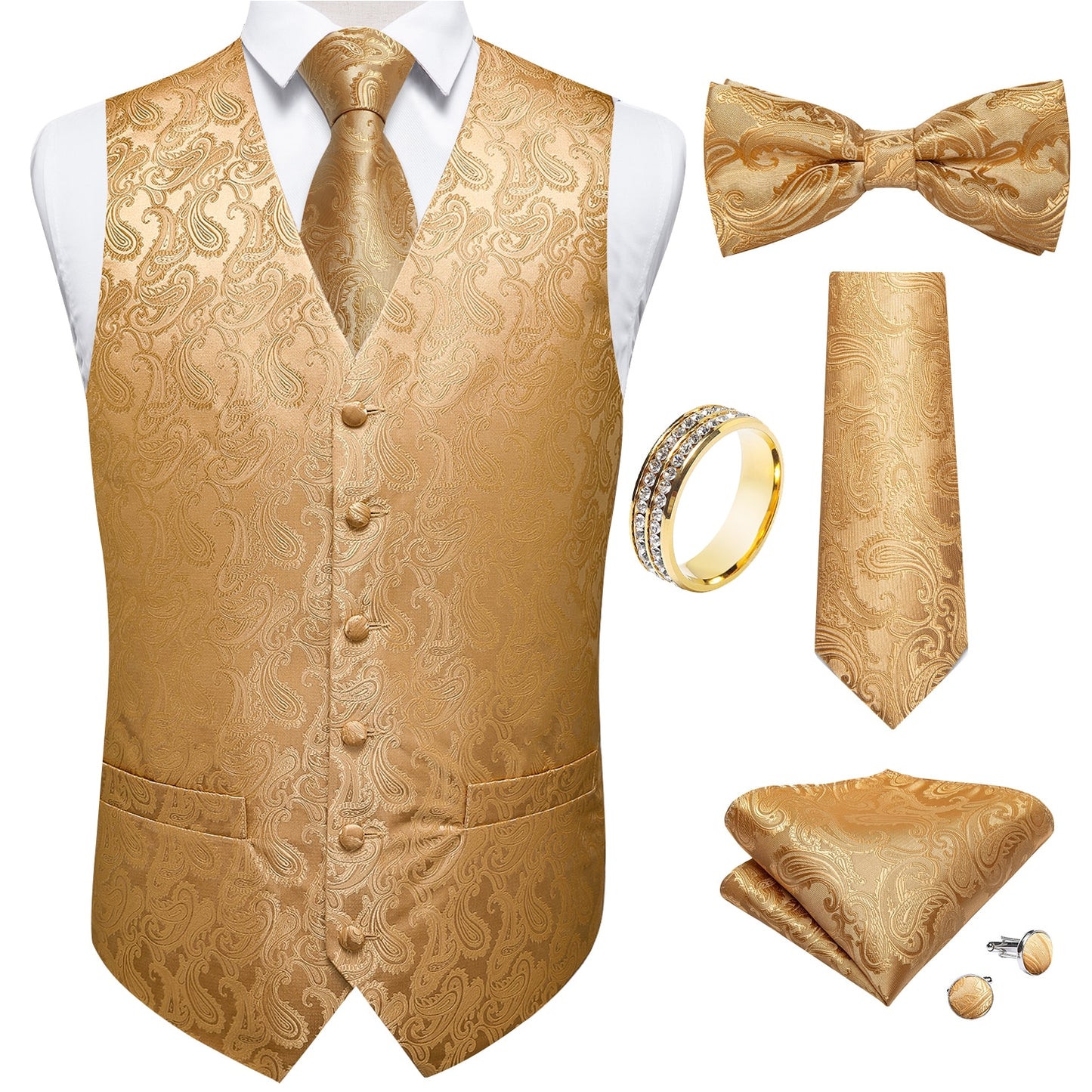 Gold Floral Paisley Vest Set with Tie Ring