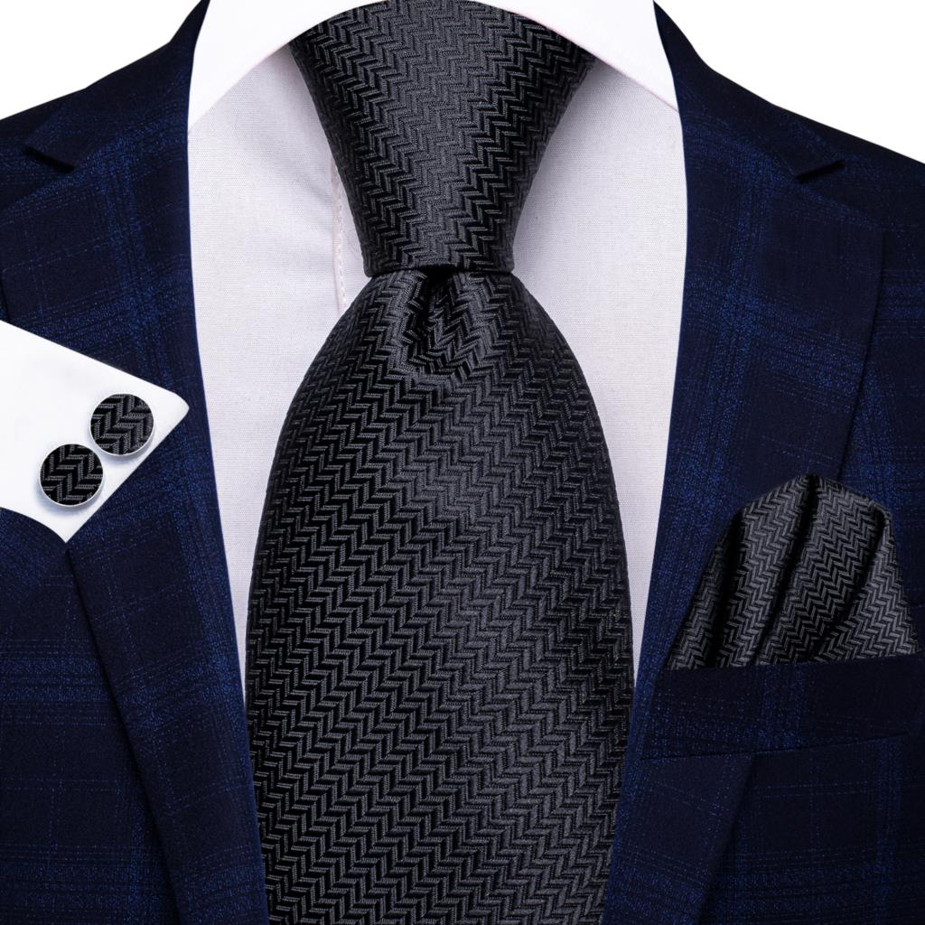 Black Plain Silk Tie Pocket Square and Cufflinks